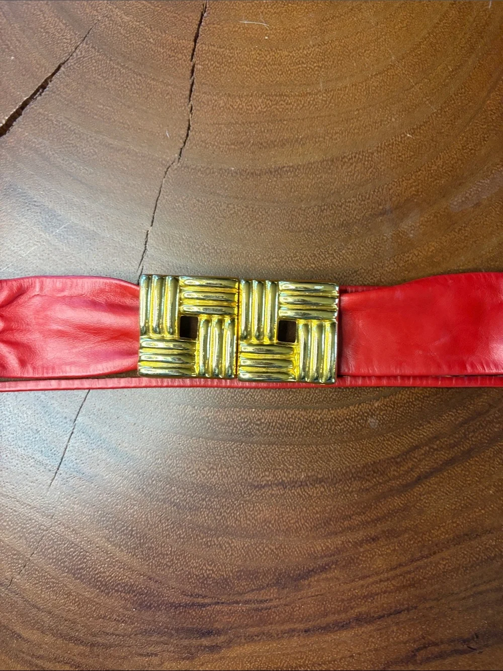 Vintage 80s Red Leather Wide Belt Gold Statement Buckle Adjustable Waist